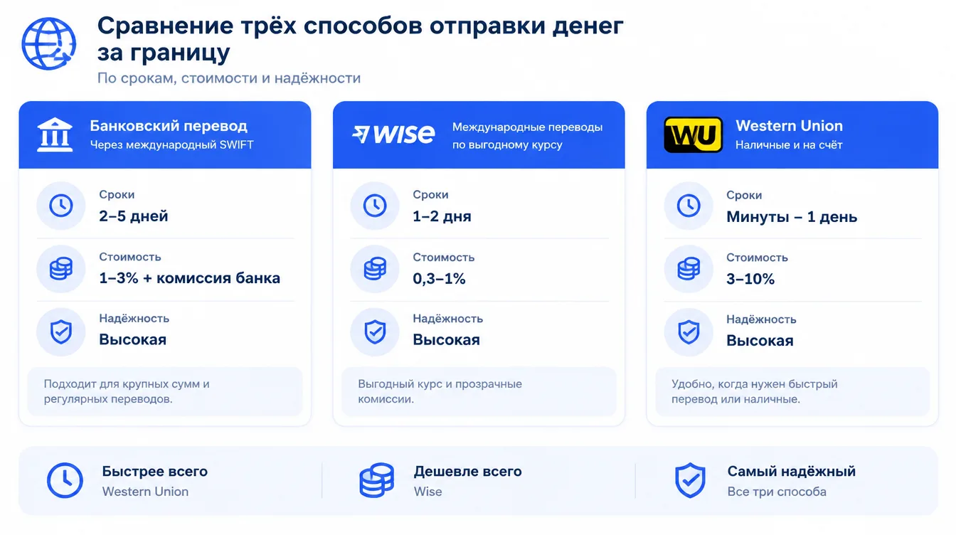 Схема: сравнение трёх способов отправки денег за границу по срокам, стоимости и надёжности