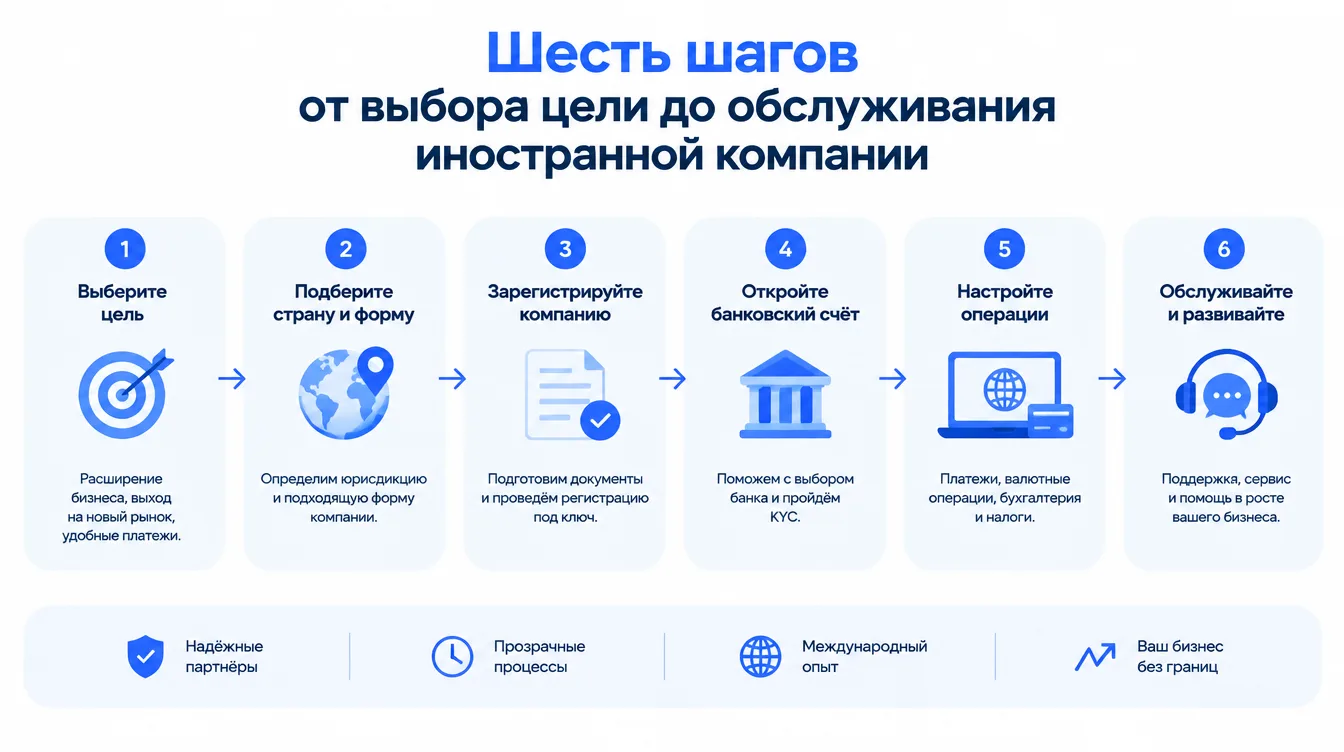 Схема: шесть шагов от выбора цели до обслуживания иностранной компании
