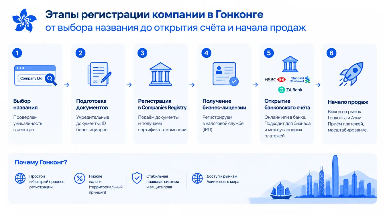Схема: этапы регистрации компании в Гонконге от выбора названия до открытия счёта и начала продаж