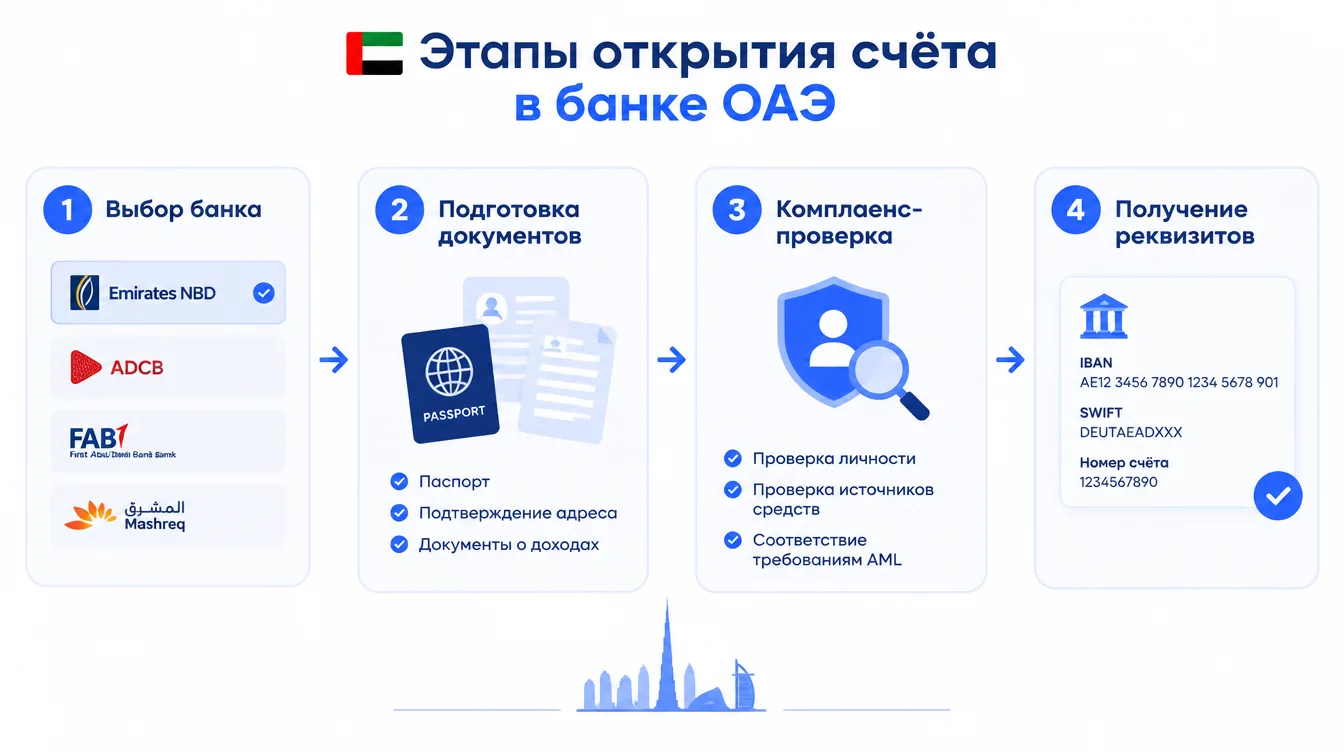 Схема: этапы открытия счёта в банке ОАЭ — выбор банка, подготовка документов, комплаенс-проверка, получение реквизитов