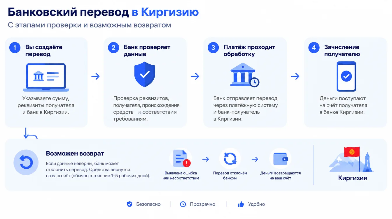 Схема: банковский перевод в Киргизию с этапами проверки и возможным возвратом