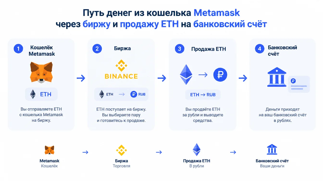 Схема: путь денег из кошелька Metamask через биржу и продажу ETH на банковский счёт