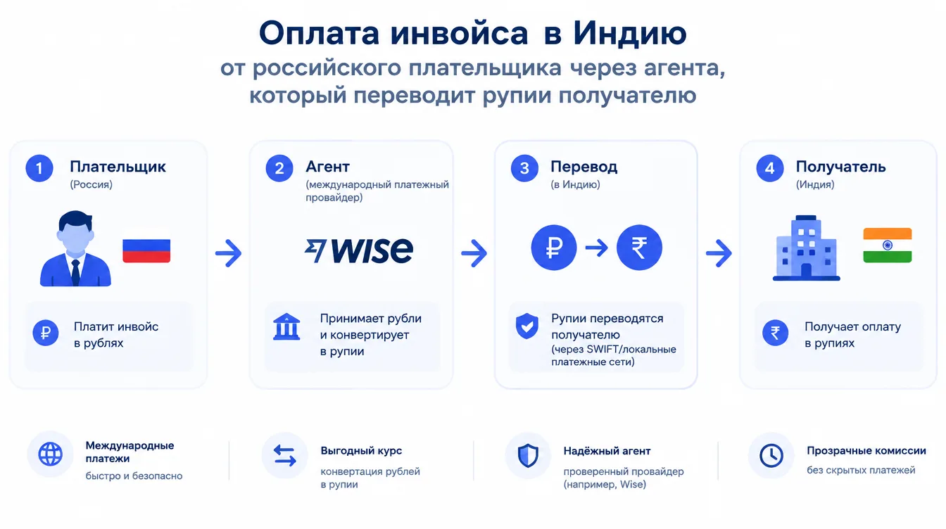 Схема: оплата инвойса в Индию от российского плательщика через агента, который переводит рупии получателю