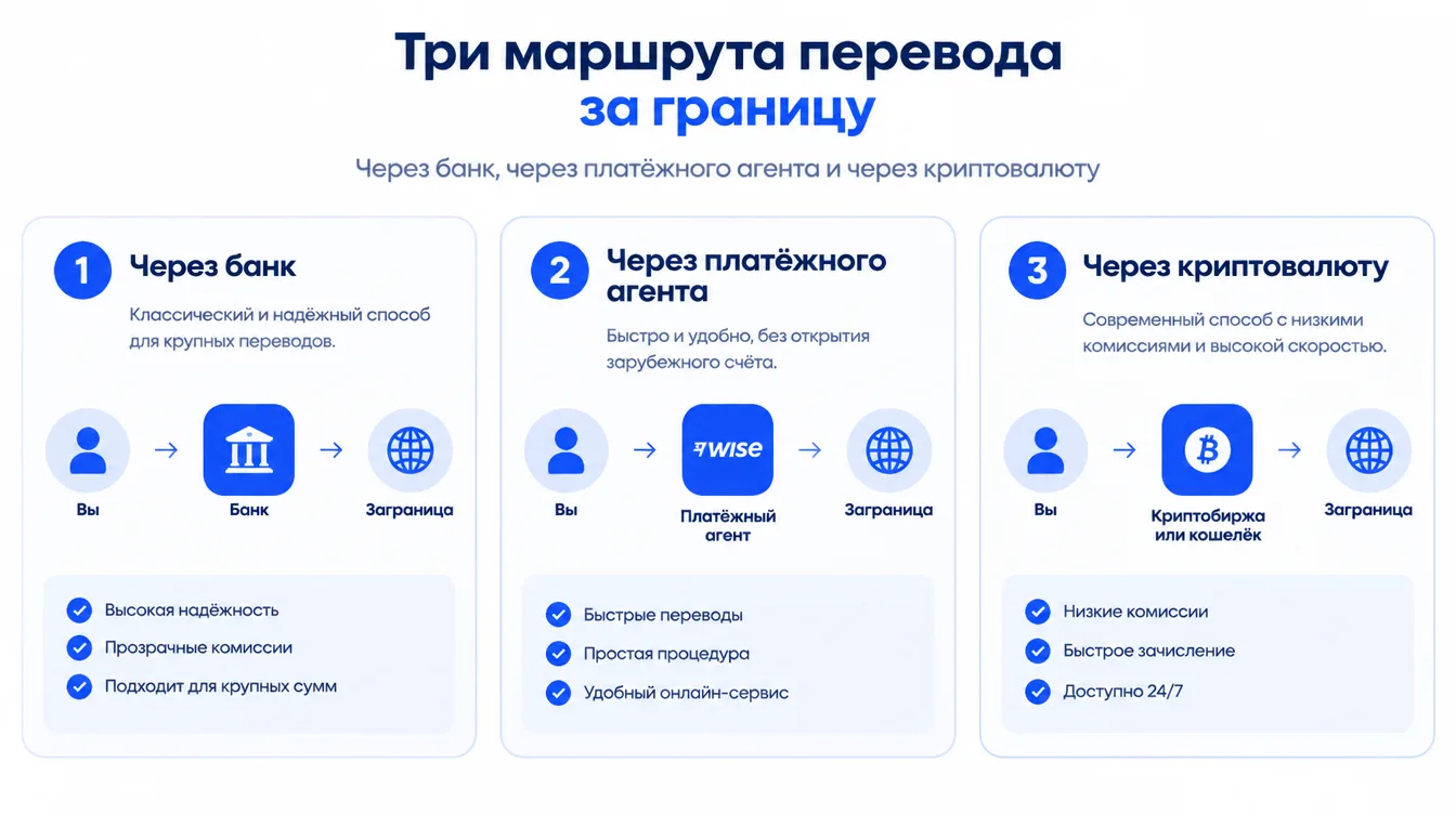 Схема: три маршрута перевода за границу, через банк, через платёжного агента и через криптовалюту