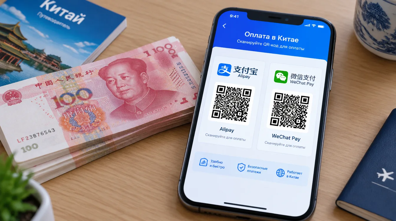 Скриншот: экран телефона с QR-кодом Alipay и WeChat Pay рядом с пачкой китайских юаней на столе