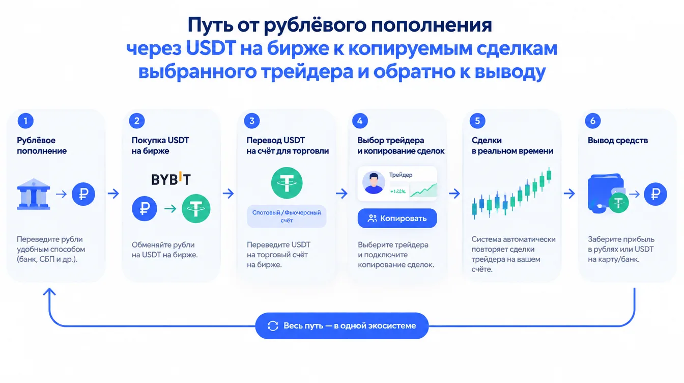 Схема: путь от рублёвого пополнения через USDT на бирже к копируемым сделкам выбранного трейдера и обратно к выводу