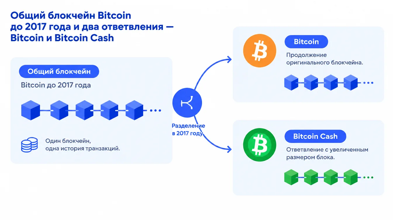 Схема-развилка: общий блокчейн Bitcoin до 2017 года и два ответвления — Bitcoin и Bitcoin Cash
