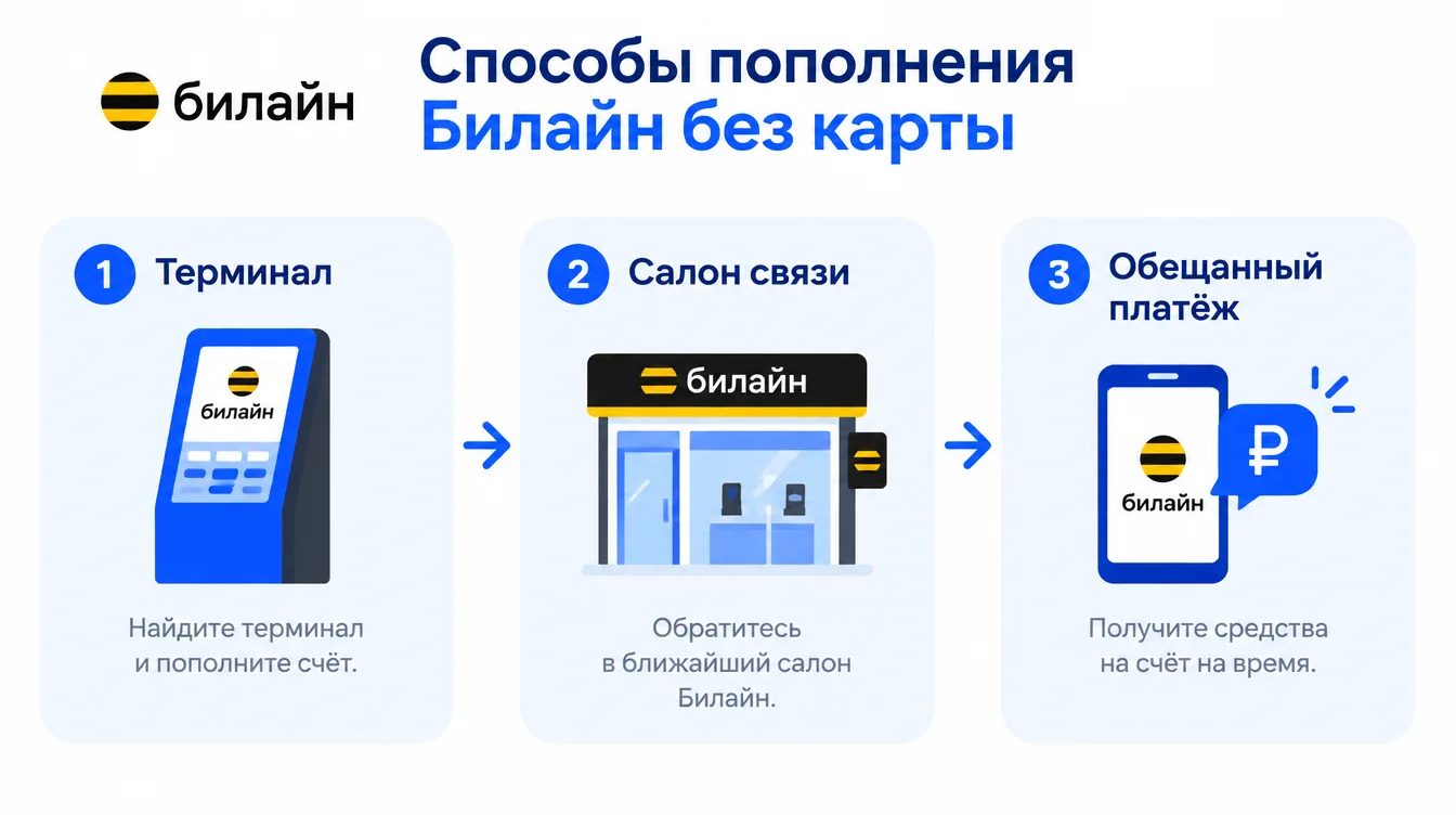 Схема: способы пополнения Билайн без карты — терминал, салон связи, обещанный платёж