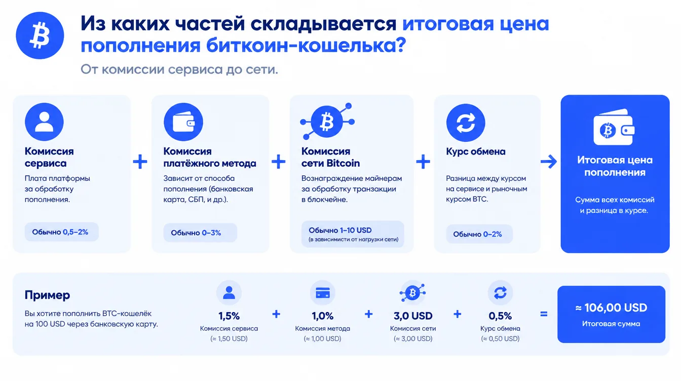 Схема: из каких частей складывается итоговая цена пополнения биткоин-кошелька, от комиссии сервиса до сети