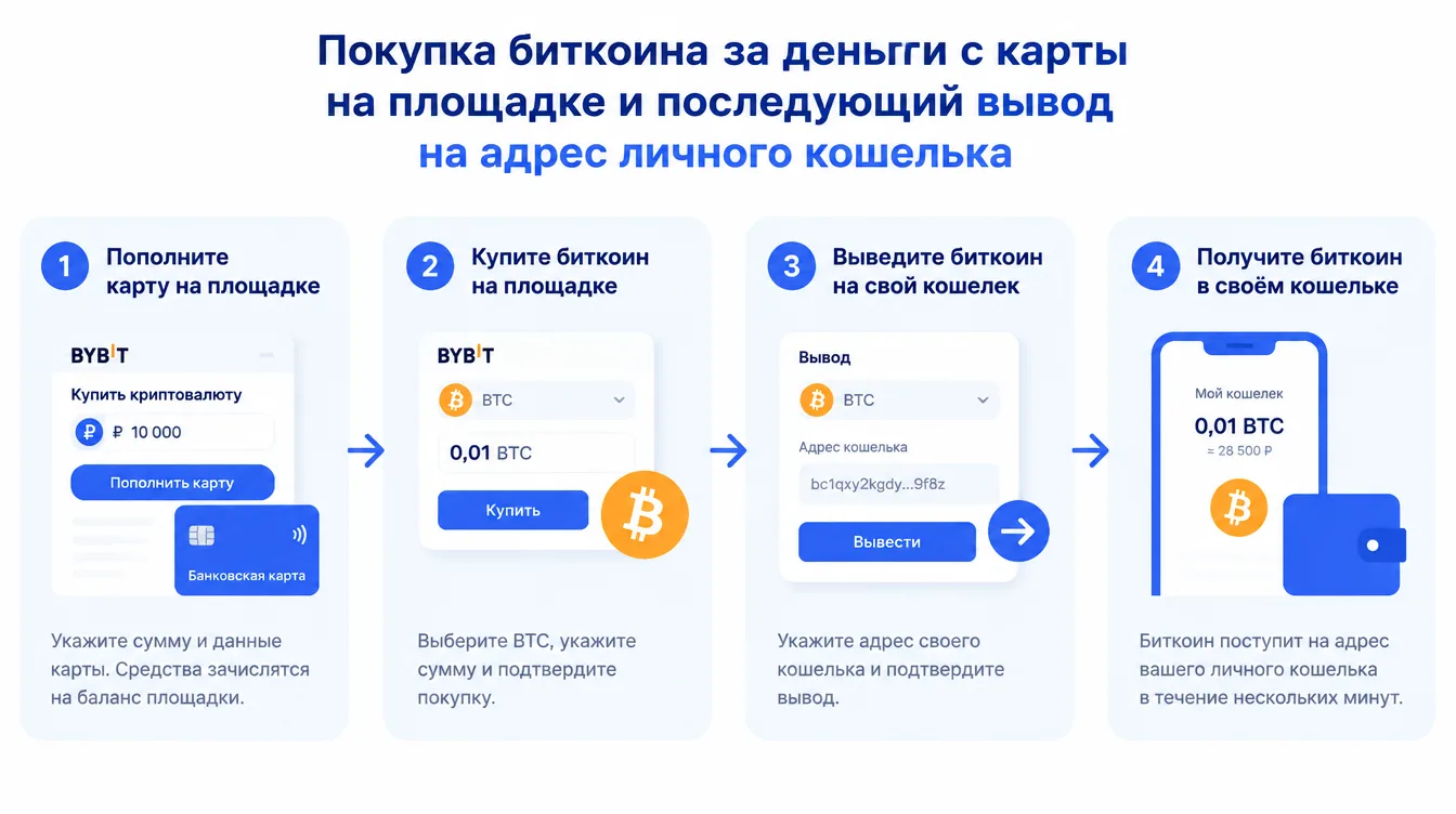 Схема: покупка биткоина за деньги с карты на площадке и последующий вывод на адрес личного кошелька