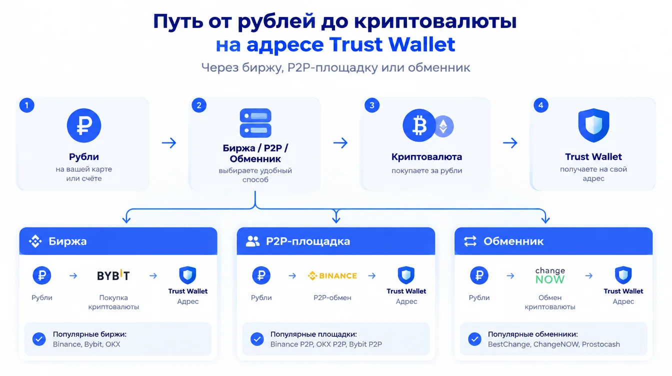 Схема: путь от рублей до криптовалюты на адресе Trust Wallet через биржу, P2P-площадку или обменник