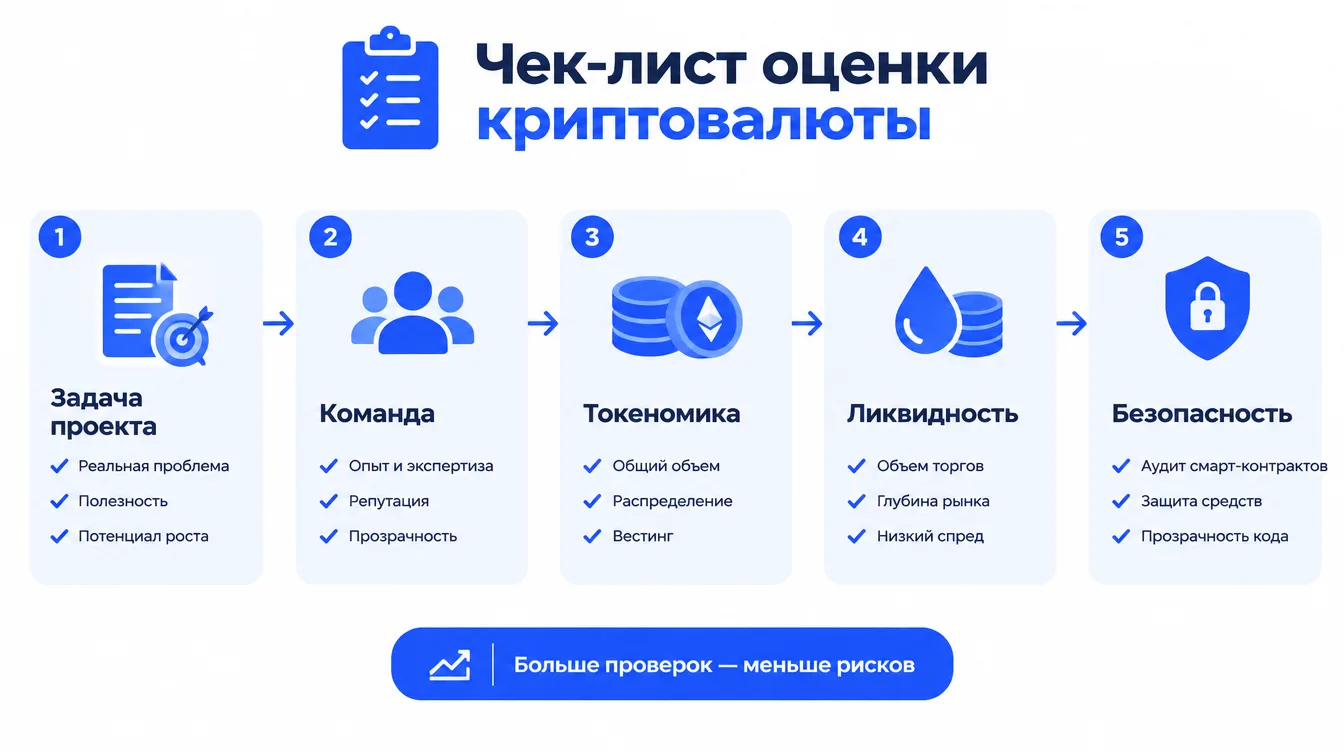 Схема: чек-лист оценки криптовалюты — задача проекта, команда, токеномика, ликвидность, безопасность