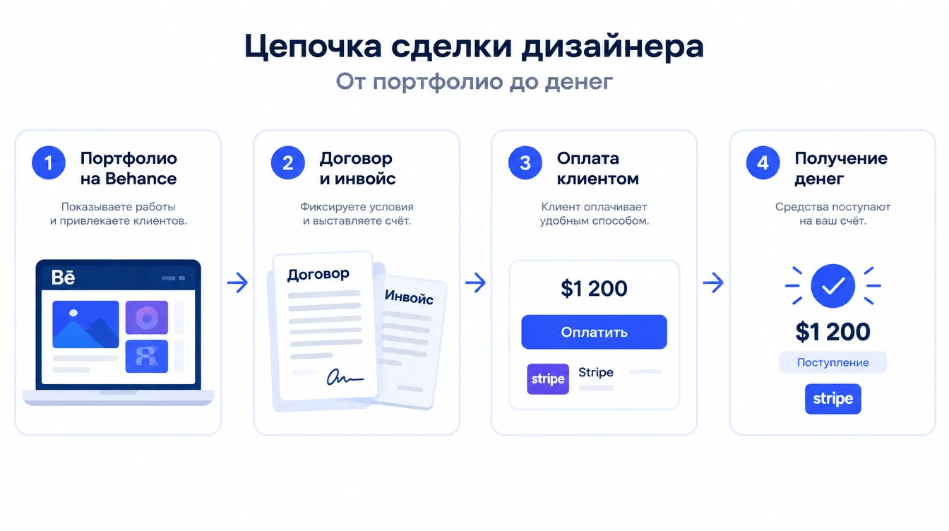 Схема: цепочка сделки дизайнера — портфолио на Behance, договор и инвойс, оплата клиентом и получение денег