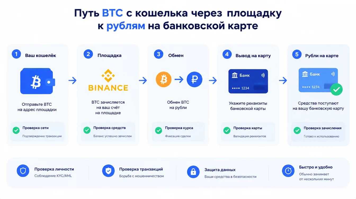 Схема: путь BTC с кошелька через площадку к рублям на банковской карте с отметками проверок