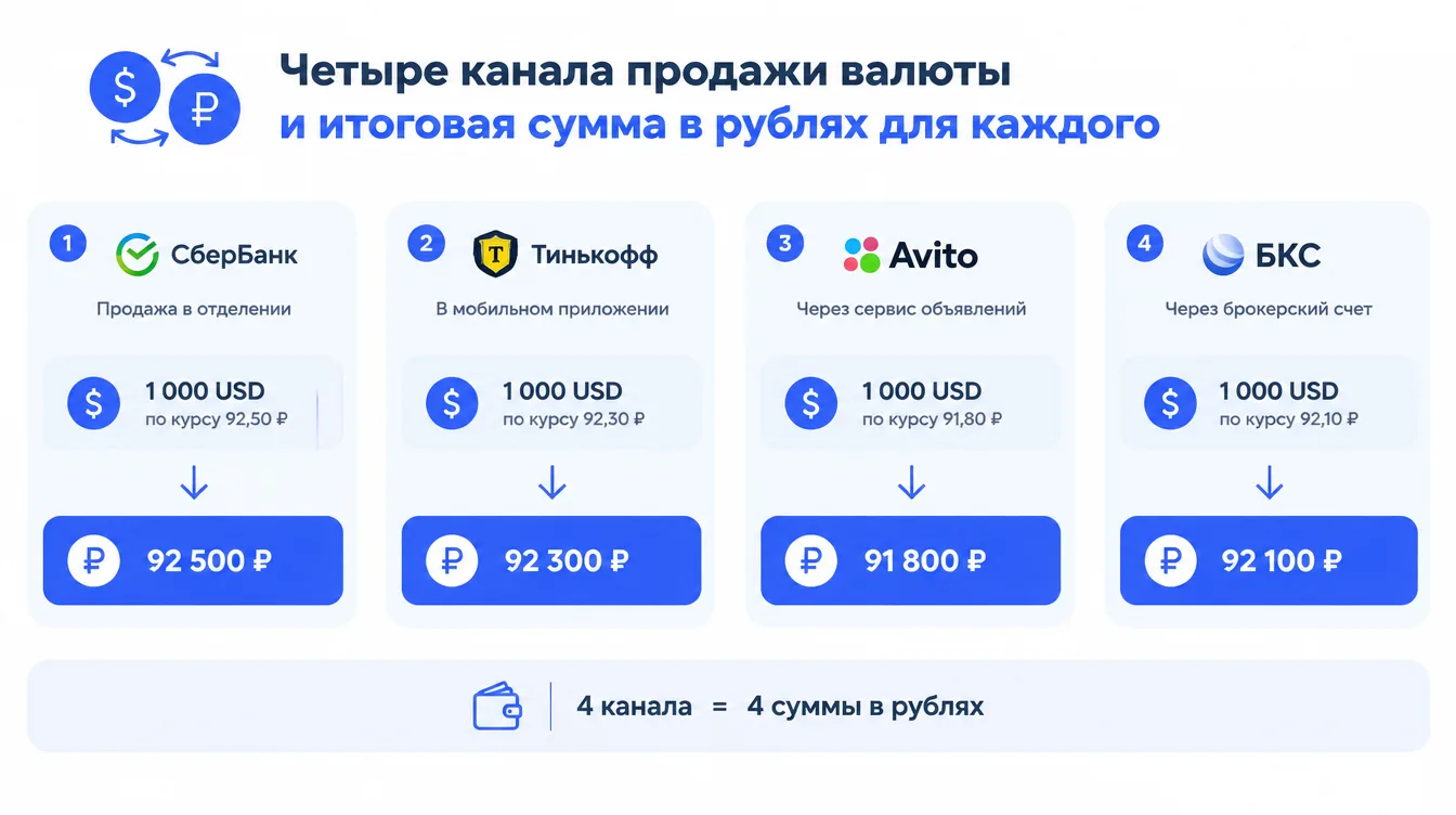 Схема: четыре канала продажи валюты и итоговая сумма в рублях для каждого