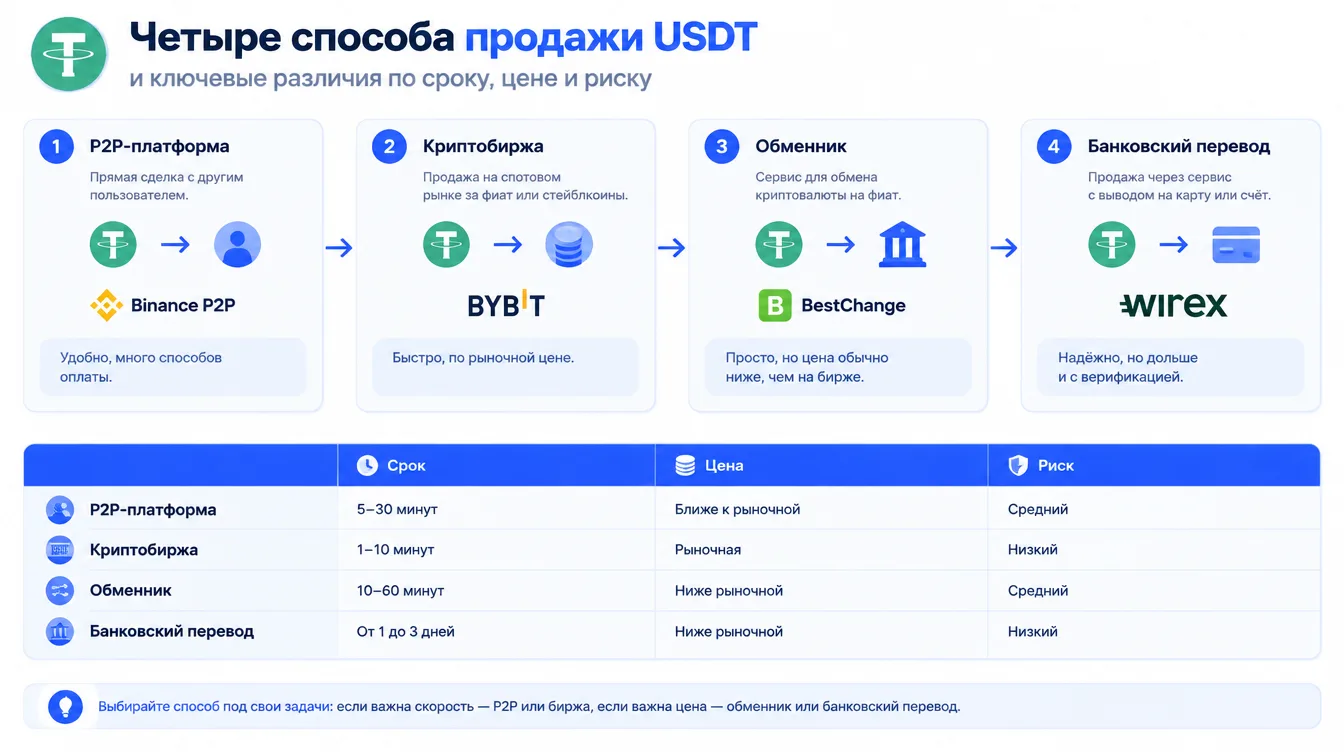 Сравнительная таблица-иллюстрация: четыре способа продажи USDT и ключевые различия по сроку, цене и риску