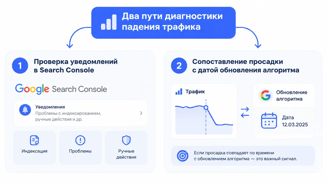 Схема: два пути диагностики падения трафика, проверка уведомлений в Search Console и сопоставление просадки с датой обновления алгоритма