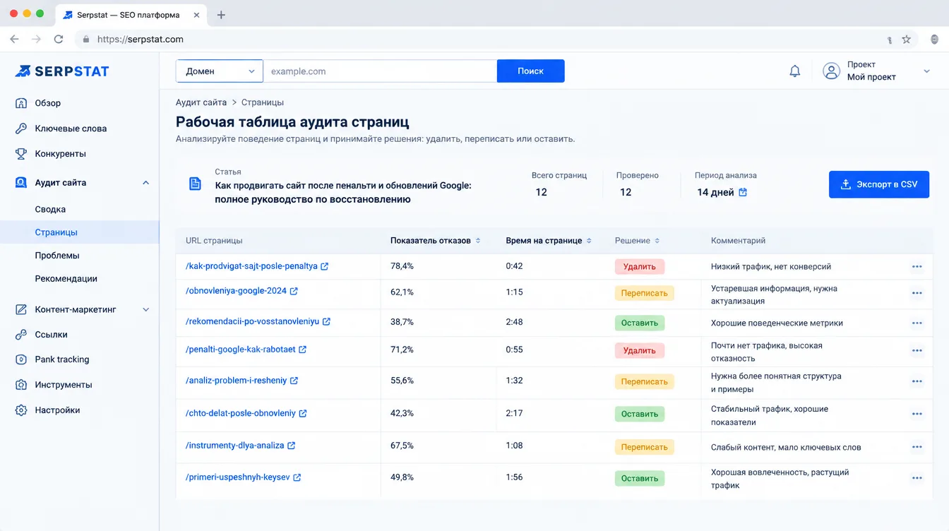 Скриншот: рабочая таблица аудита страниц с колонками «показатель отказов», «время на странице», «решение: удалить, переписать, оставить»