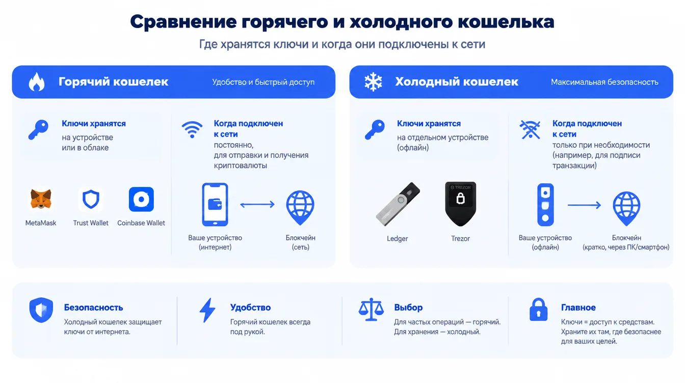 Схема: сравнение горячего и холодного кошелька — где хранятся ключи и когда они подключены к сети