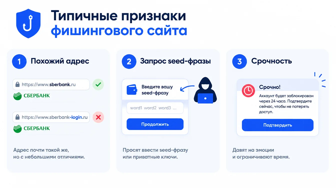 Схема: типичные признаки фишингового сайта — похожий адрес, запрос seed-фразы, срочность