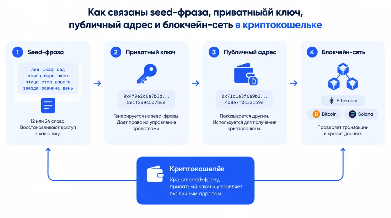 Схема: связь seed-фразы, приватного ключа, публичного адреса и блокчейн-сети в криптокошельке