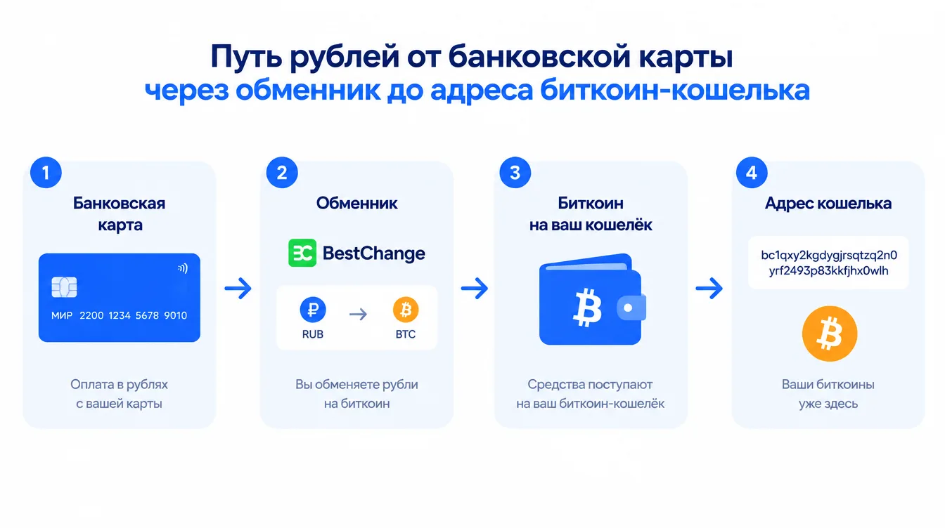 Схема: путь рублей от банковской карты через обменник до адреса биткоин-кошелька