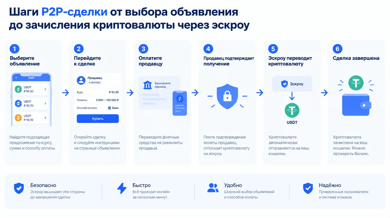 Схема: шаги p2p-сделки от выбора объявления до зачисления криптовалюты через эскроу