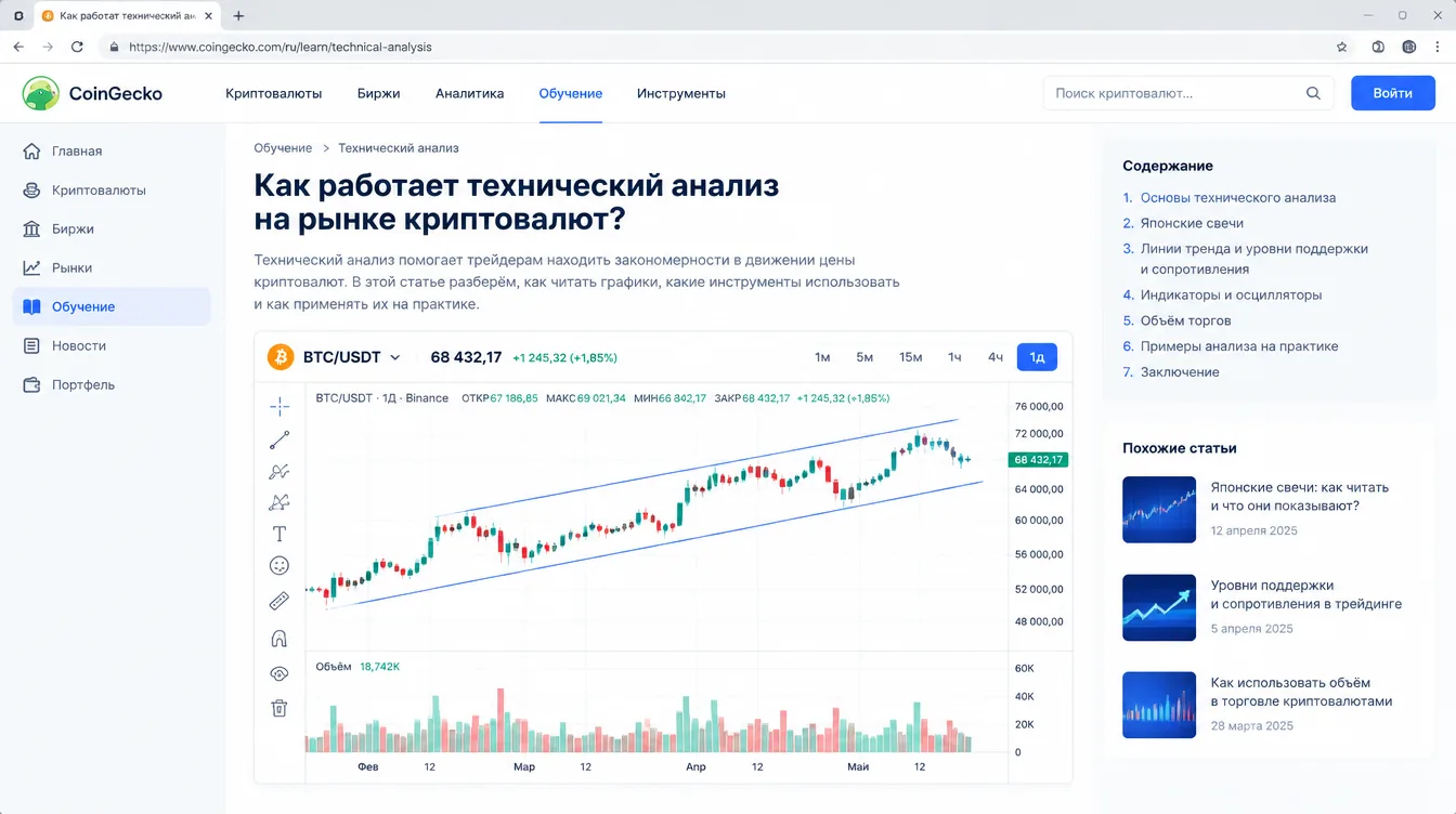 Скриншот: график цены с японскими свечами, линиями тренда и панелью объёмов внизу