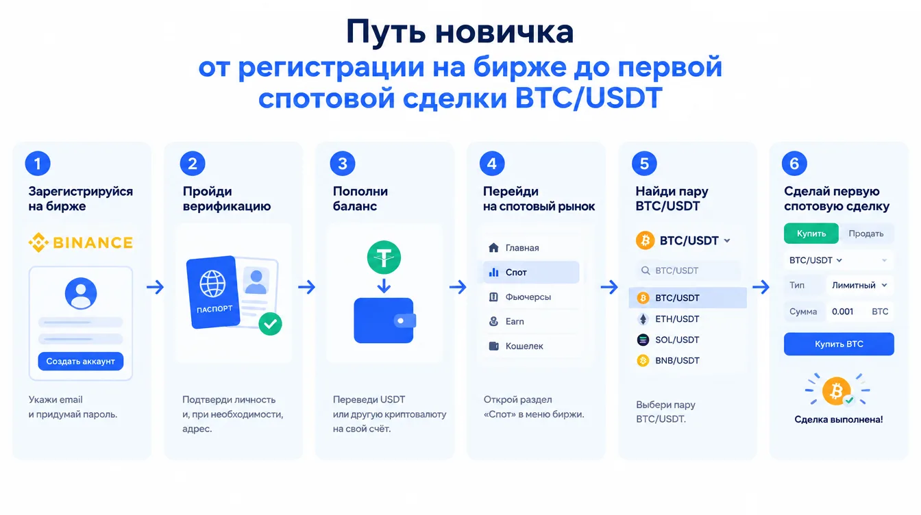 Схема: путь новичка от регистрации на бирже до первой спотовой сделки BTC/USDT