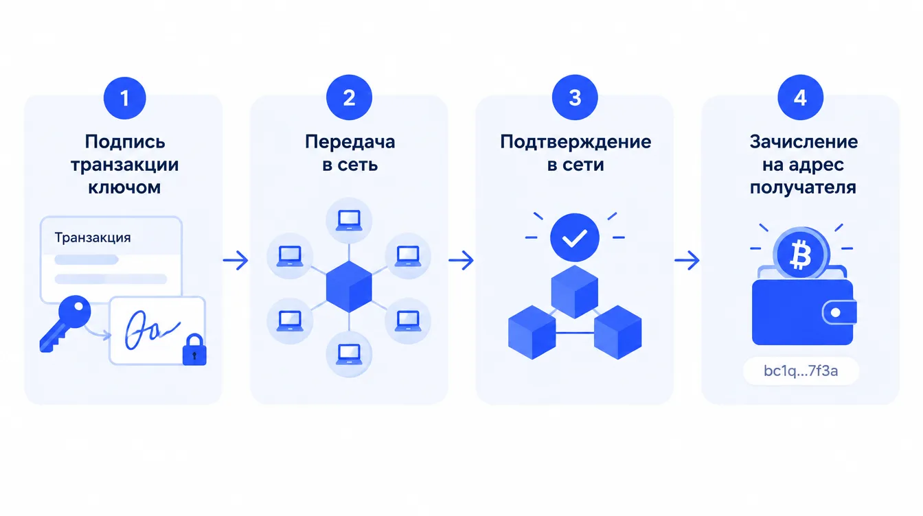 Схема: подпись транзакции ключом, передача в сеть, подтверждение и зачисление на адрес получателя