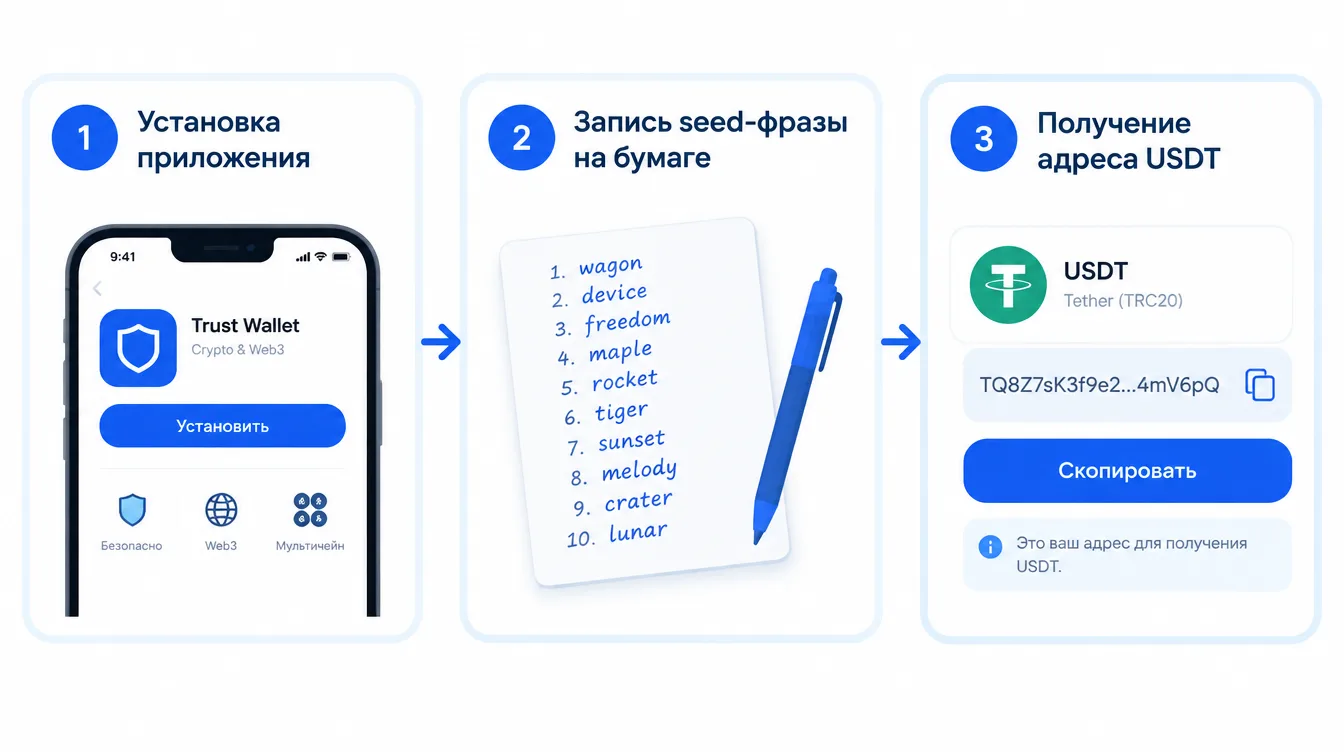 Пошаговая схема: установка приложения, запись seed-фразы на бумаге, получение адреса USDT