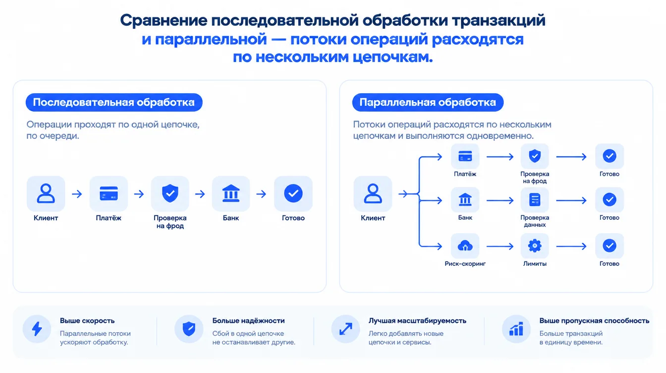 Схема: сравнение последовательной обработки транзакций и параллельной — потоки операций расходятся по нескольким цепочкам