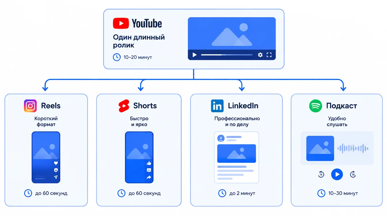 Схема: один длинный ролик на YouTube и его производные версии для Reels, Shorts, LinkedIn и подкаста