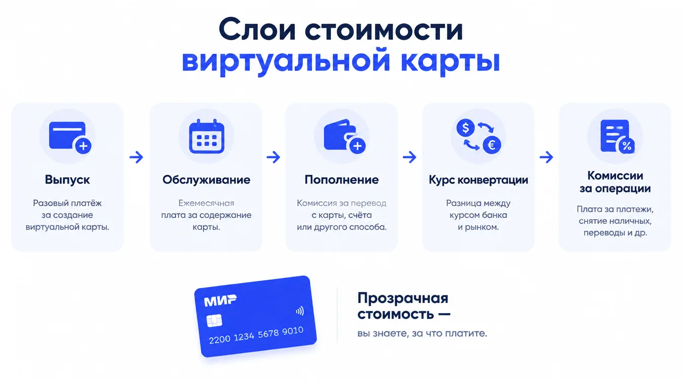 Инфографика: слои стоимости виртуальной карты — выпуск, обслуживание, пополнение, курс конвертации, комиссии за операции