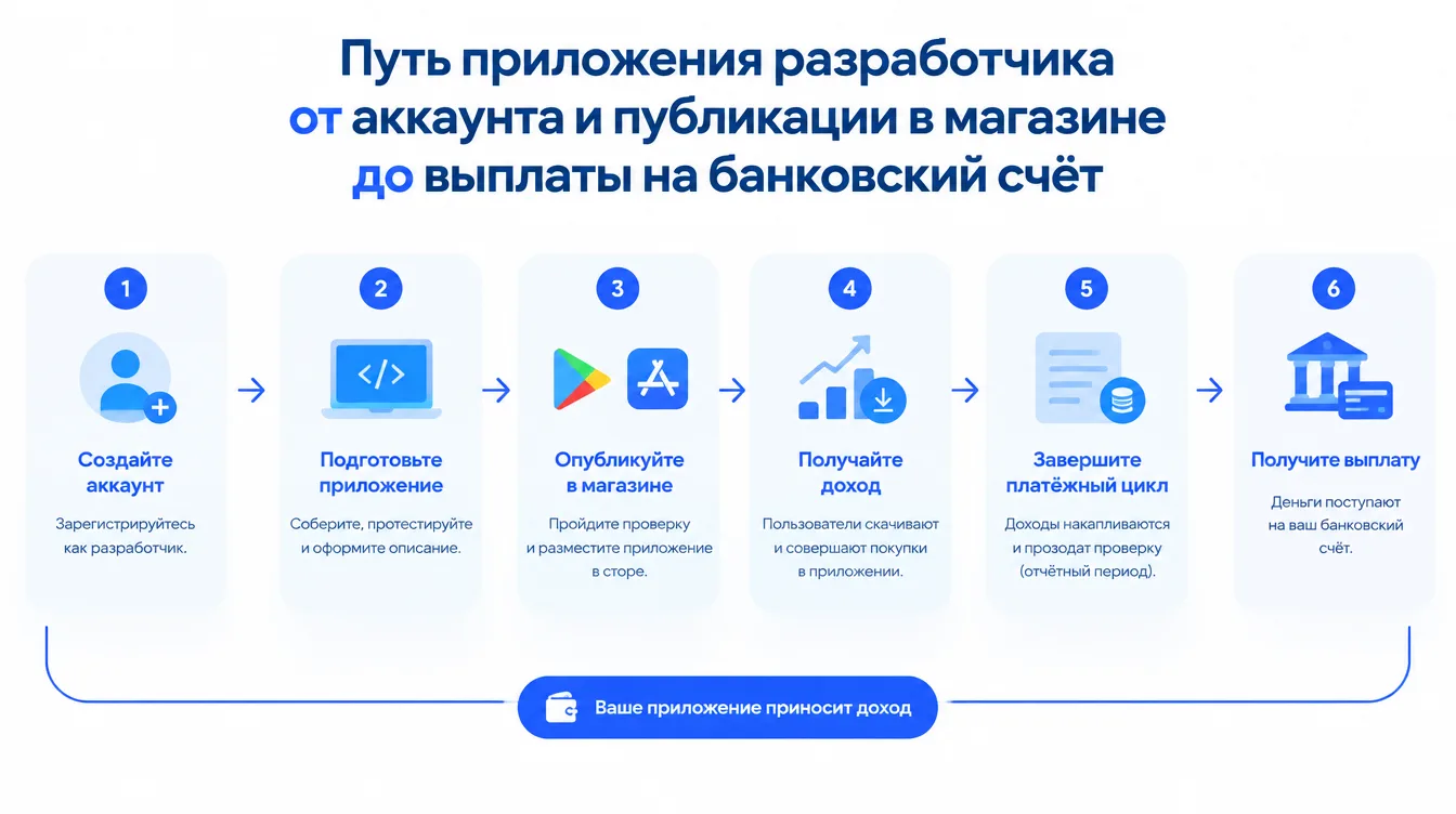 Схема: путь приложения разработчика от аккаунта и публикации в магазине до выплаты на банковский счёт