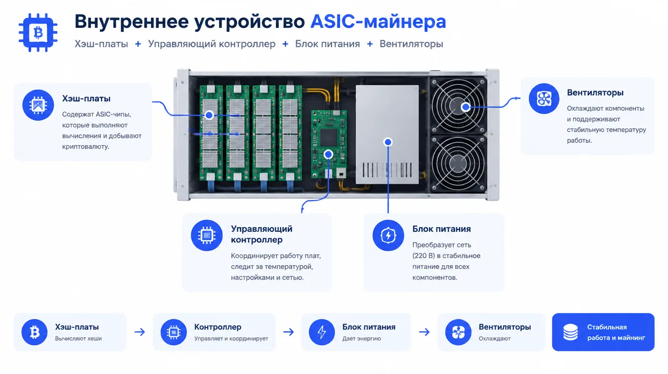 Схема: внутреннее устройство ASIC-майнера с хэш-платами, управляющим контроллером, блоком питания и вентиляторами
