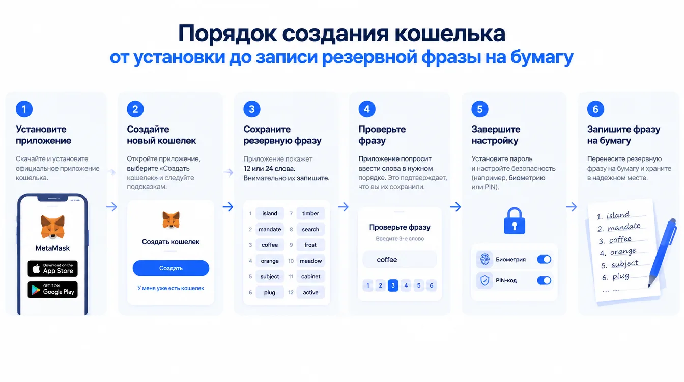 Схема: порядок создания кошелька от установки до записи резервной фразы на бумагу