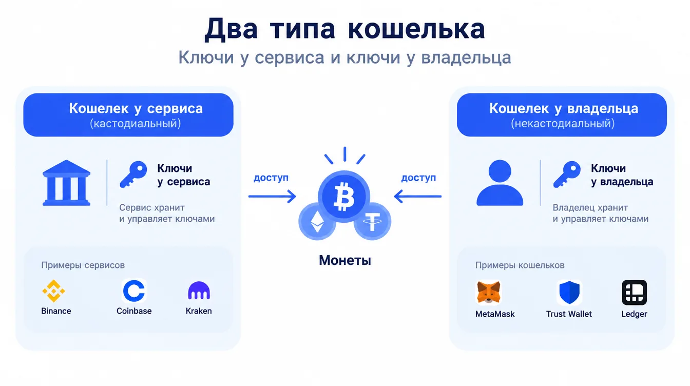Схема: два типа кошелька, ключи у сервиса и ключи у владельца, со стрелками доступа к монетам