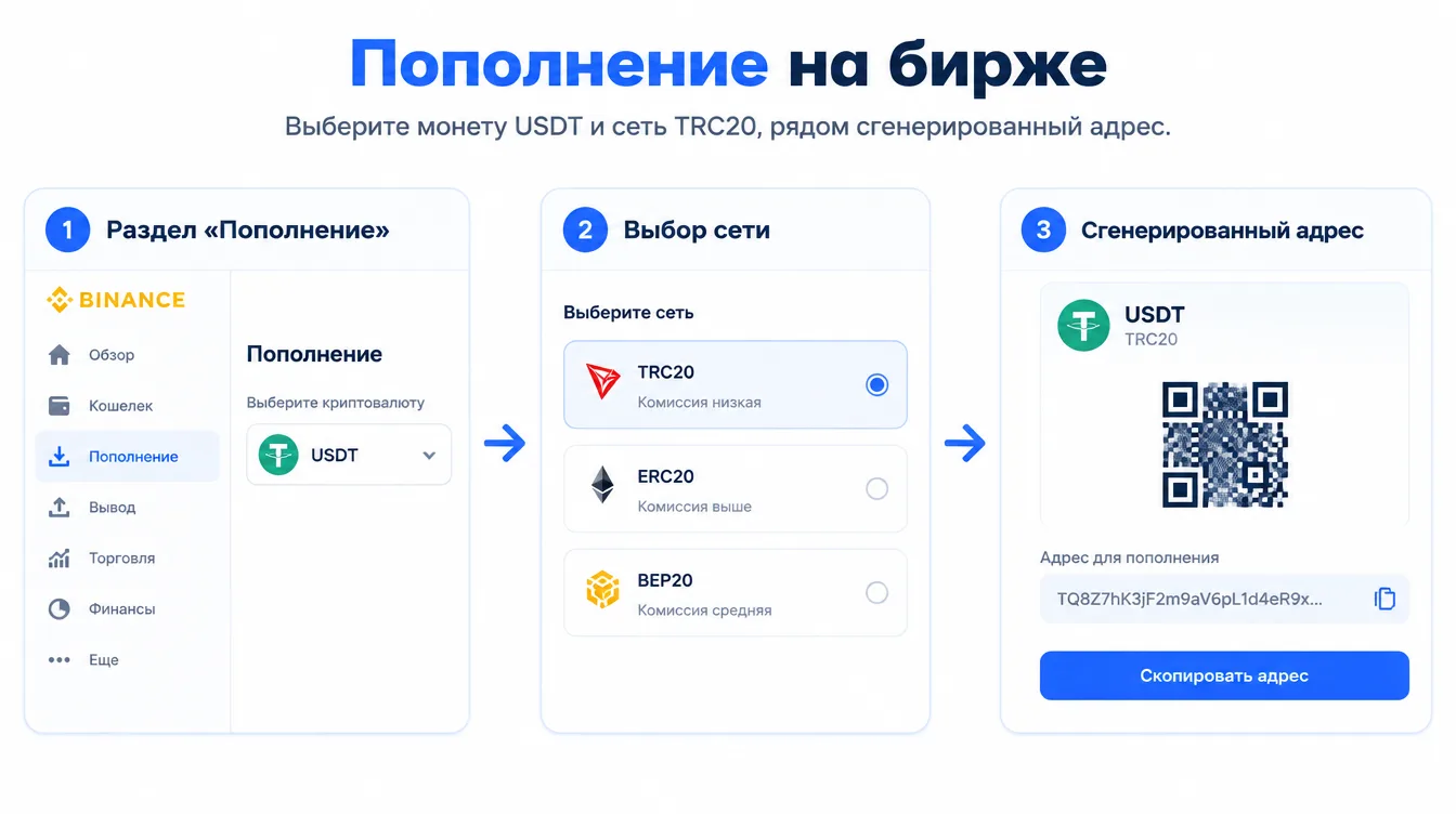 Скриншот-схема: раздел «Пополнение» на бирже с выбором монеты USDT и сети TRC20, рядом сгенерированный адрес