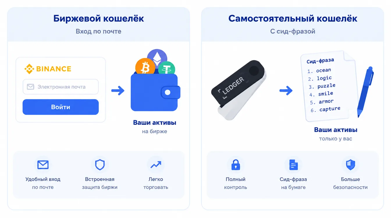 Сравнительная иллюстрация: биржевой кошелёк с входом по почте и самостоятельный кошелёк с листком, на котором записана сид-фраза