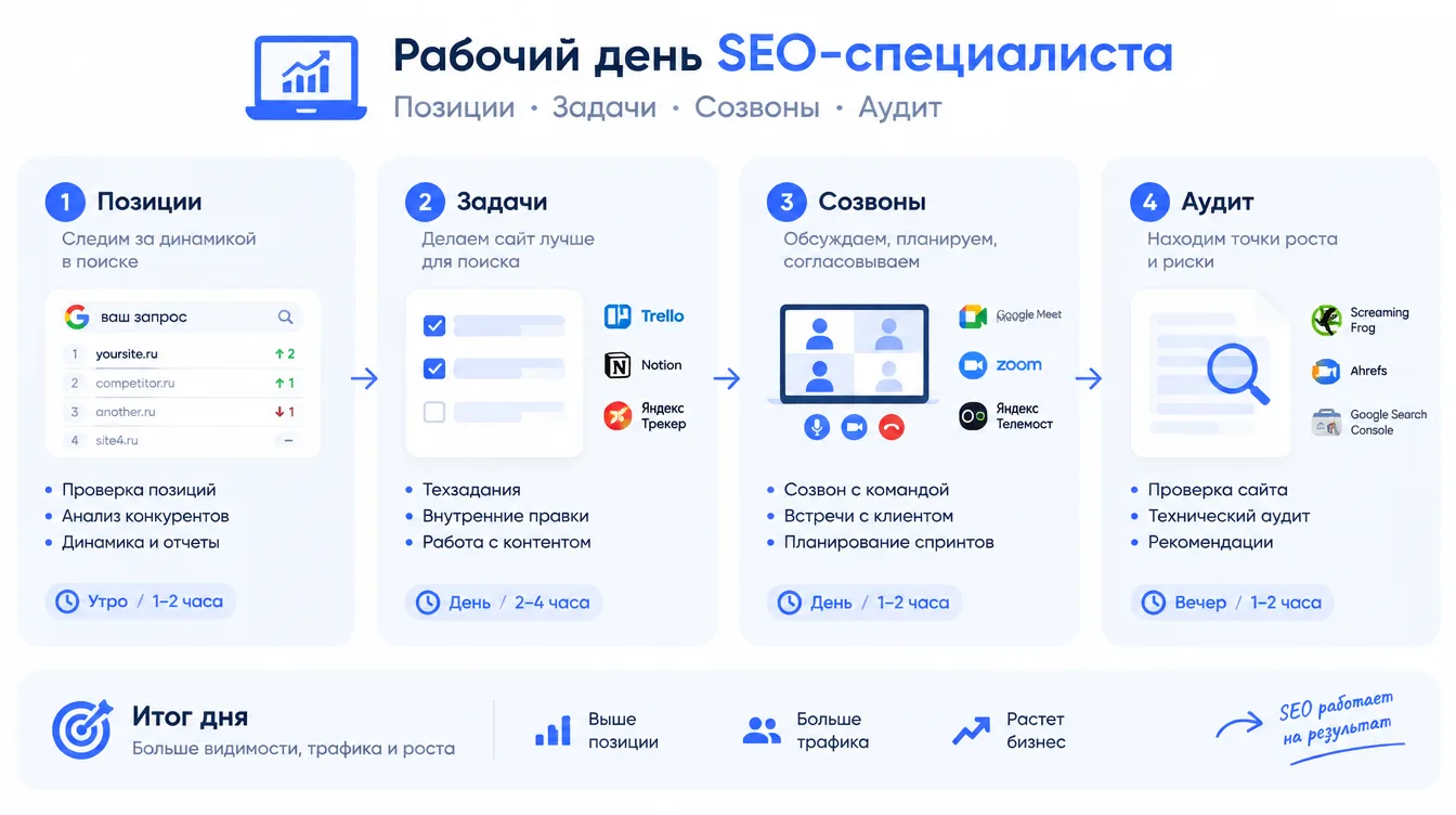 Схема: рабочий день SEO-специалиста — позиции, задачи, созвоны, аудит