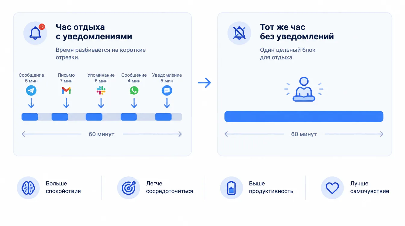 Схема: час отдыха, разбитый уведомлениями на короткие отрезки, и тот же час одним цельным блоком после отключения уведомлений