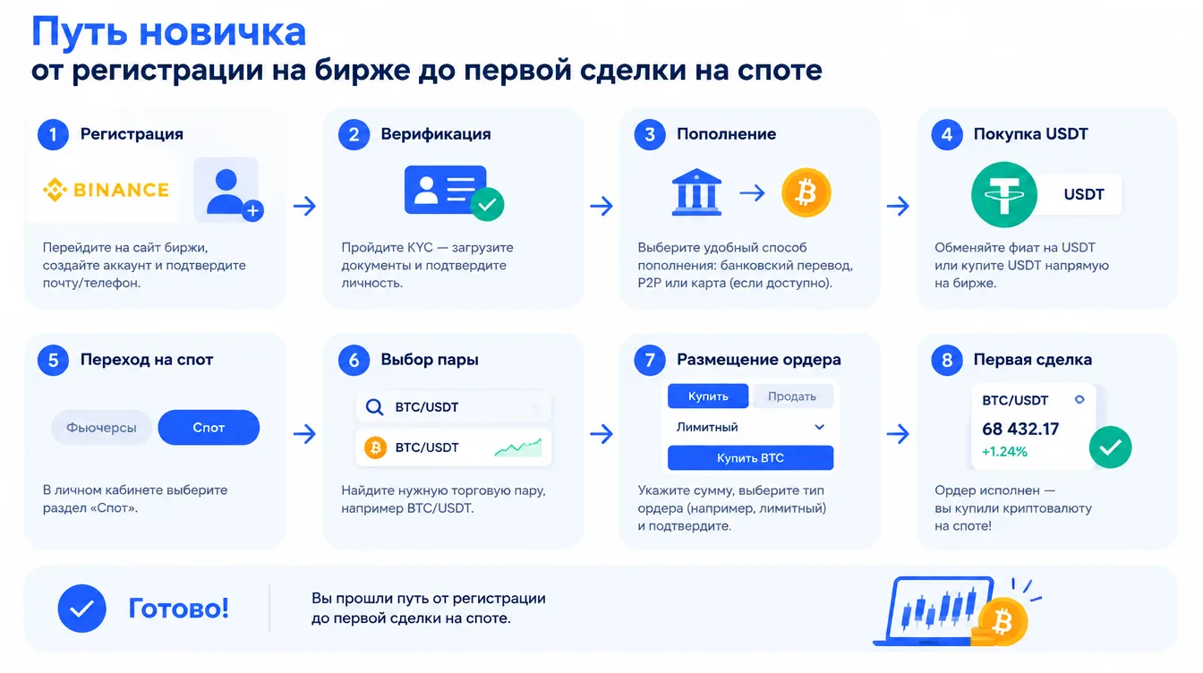 Схема: путь новичка от регистрации на бирже до первой сделки на споте