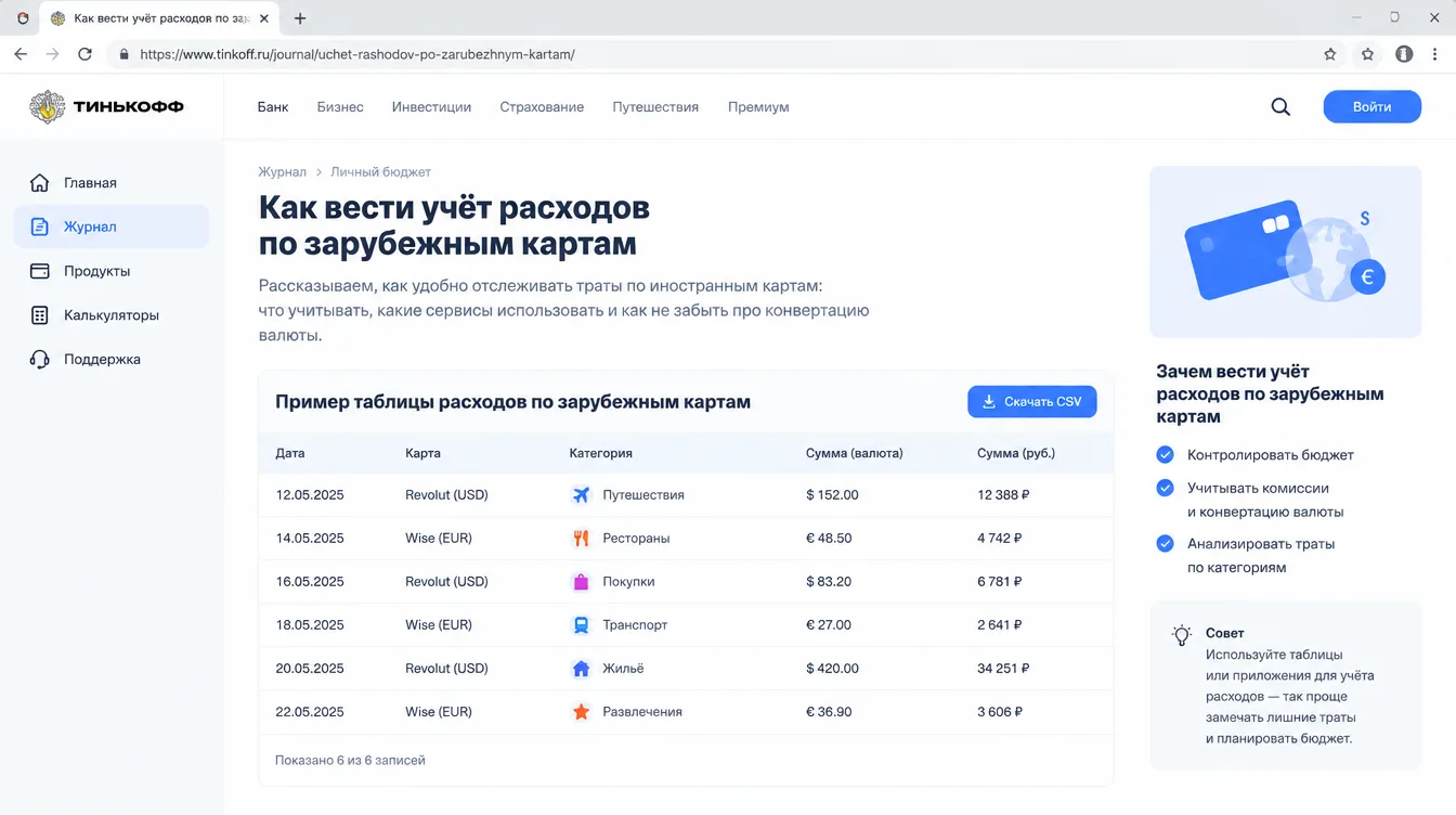Скриншот: таблица расходов по зарубежным картам с колонками даты, карты, категории, суммы в валюте и рублях