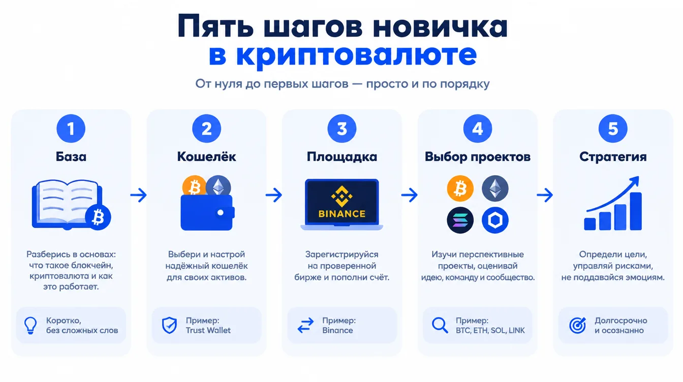 Схема: пять шагов новичка в криптовалюте — база, кошелёк, площадка, выбор проектов, стратегия