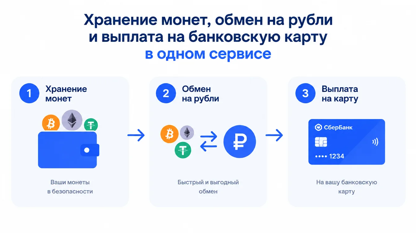 Схема: хранение монет, обмен на рубли и выплата на банковскую карту в одном сервисе