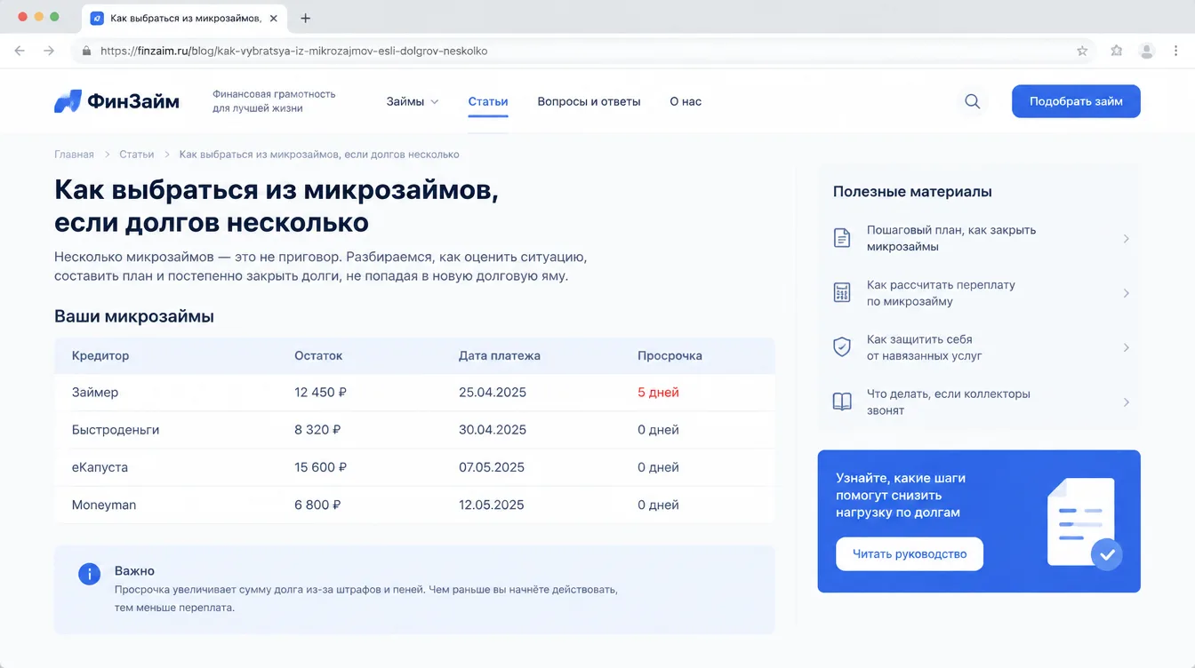Скриншот: таблица с колонками «кредитор», «остаток», «дата платежа», «просрочка» для нескольких микрозаймов