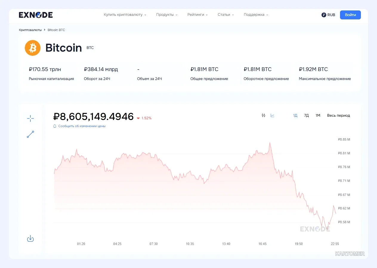 Скриншот: Как узнать актуальный курс биткоина в рублях