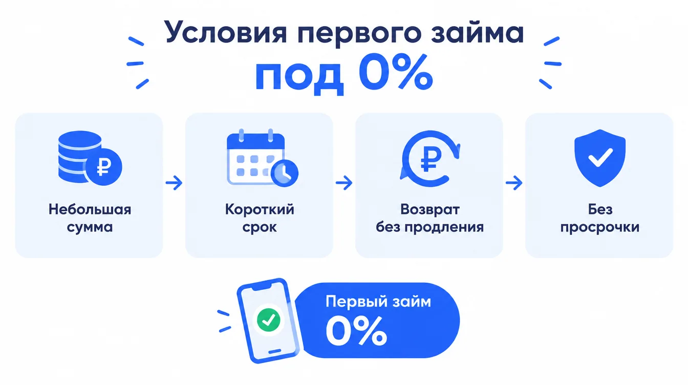 Схема: условия первого займа под 0% — небольшая сумма, короткий срок, возврат без продления и просрочки