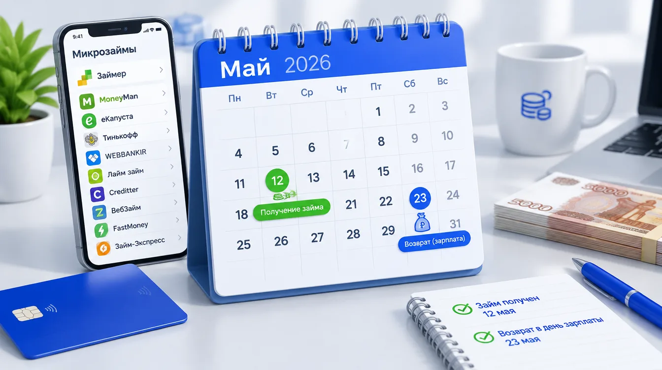 Календарь месяца с отмеченными датами получения займа и возврата в день зарплаты